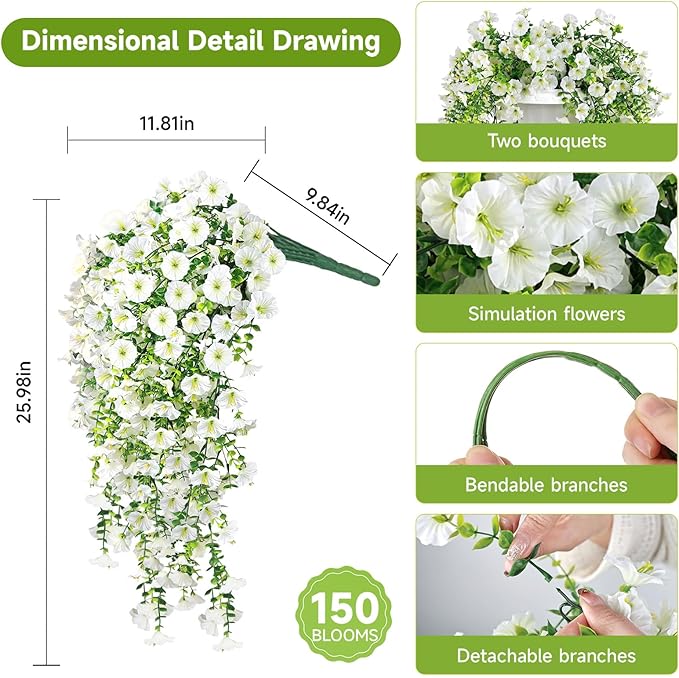Artificial Hanging Flowers for Outdoors, 4 PCS 600 Blooms UV Resistant Morning Glory Faux Silk Vines, No-Odor Realistic Fake Plants for Garden Planter Porch Patio Decoration, White