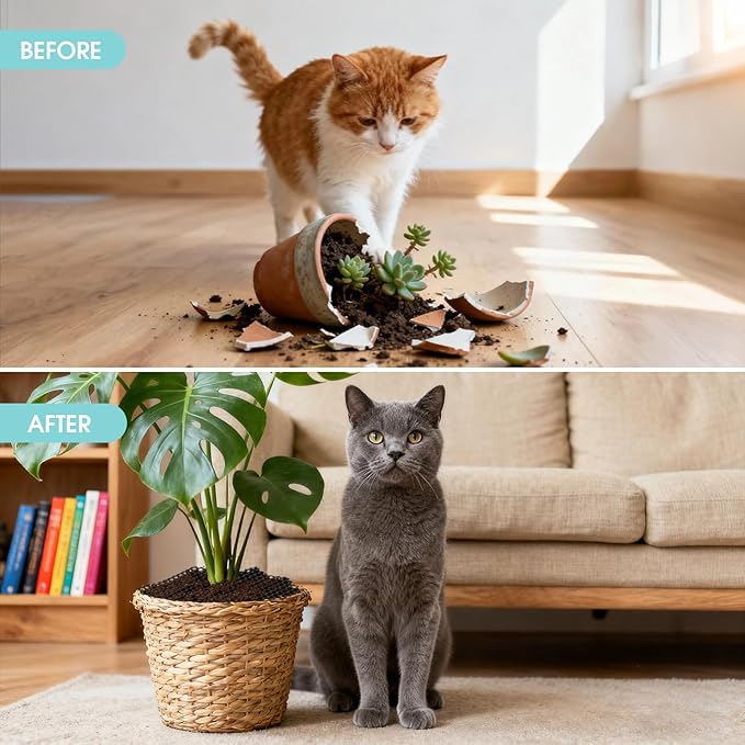 6/12 PCS 11.8" Plant Protector from Cats Indoor with 12 PCS Metal Stakes, Cuttable Pot Cover from Animals