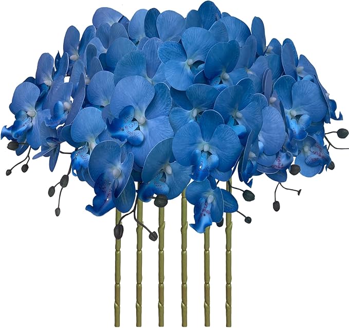 FagusHome 32 Inch Artificial Phalaenopsis Flowers 6 Pcs Artificial Orchid Flowers Stem Plants for Home Décor (Blue)