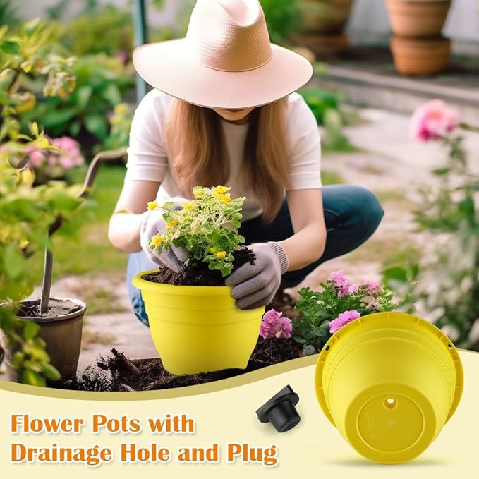 3 Pack 11 Inch Plant Pots for Indoor Outdoor,Plastic Floor Planters with Drainage Holes,Lightweight Flower Pots for Home,Patio & Garden(Yellow)
