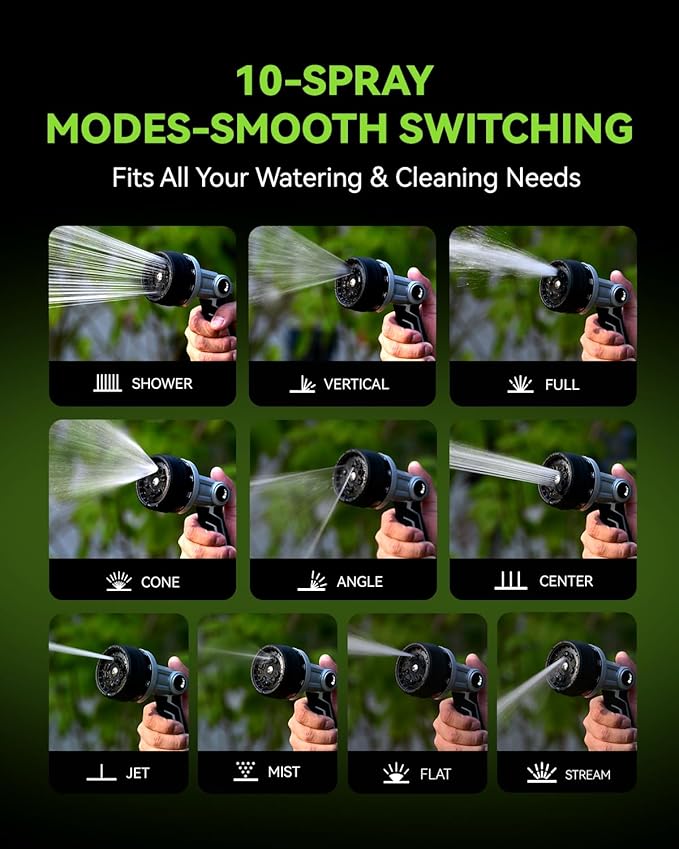 RAINPOINT Full-Metal Garden Hose Nozzle, Heavy Duty Water Hose Nozzle Sprayer With 10 Adjustable Patterns & High Flow,Thumb Control For Flow Adjustment, Ideal For Watering, Washing, Black-2 Pack