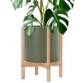 D'vine Dev Planter Pot with Stand - 12 Inch Plastic Cylinder Flower Pot with Wood Planter Holder for Indoor, Olive Pot + Natural Stand, 55-C-P-3