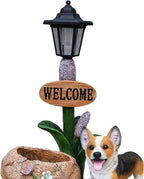 Animal Outdoor Statue Planter Solar Light Welcome Garden Sculpture Resin Flower Pot Decorative Porch Patio Yard Lawn Entryway Figurine with LED Lamp Rustic Plant Holder Ornament Courtyard (N)