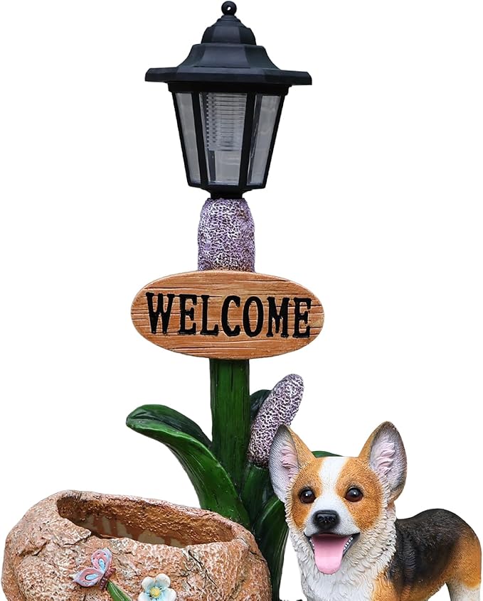 Animal Outdoor Statue Planter Solar Light Welcome Garden Sculpture Resin Flower Pot Decorative Porch Patio Yard Lawn Entryway Figurine with LED Lamp Rustic Plant Holder Ornament Courtyard (N)