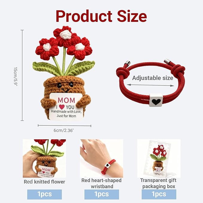 COLTUPWZ Handmade Crochet Red Flowers Birthday Gift for Mom | Mother's Day Gift, Remember I Love You MOM Emotional Support Gift for Mom from Daughters | Home Decor for Living Room, Office