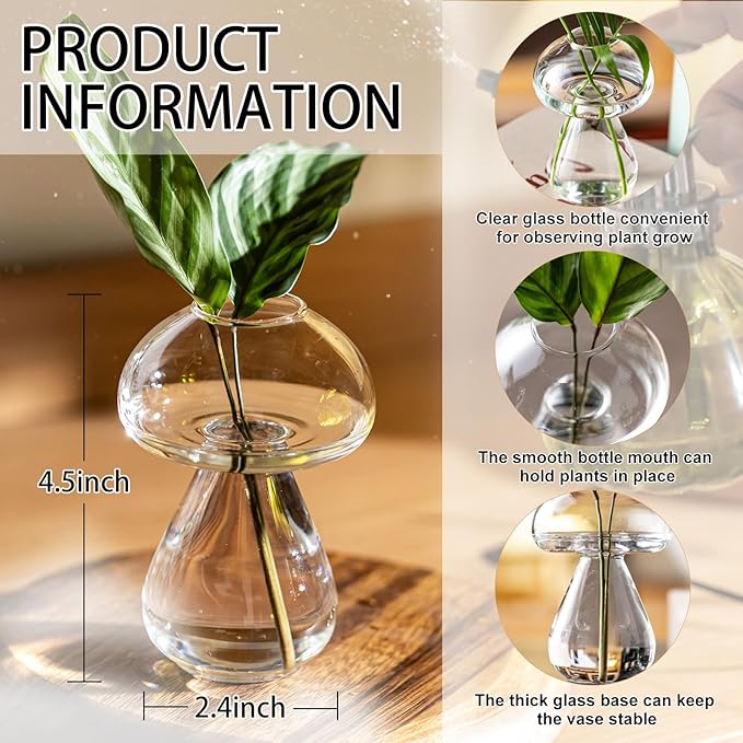 Mushroom Glass Planter, Plant Propagation Station, Cute Mushroom Vase, Clear Glass Terrarium Jar Propagation Vase for Indoor Plants Home Decor, Gifts for Plant Lovers (2)