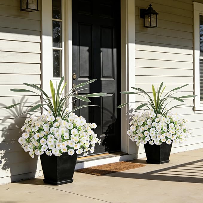 INXUGAO Artificial Flowers for Spring Outdoors Fake Plants Outside, 12 Bundles Silk Morning Glory with Eucalyptus UV Resistant Realistic Faux Flowers for Porch Planter Garden Patio Decor (White)