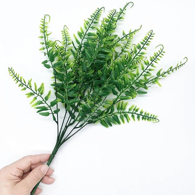 PASYOU Artificial Plants Fake Boston Fern Shrubs 8 Pack, Plastic Leaves Faux Ferns Plant for Indoor Outdoor Home Porch Garden Decor Greenery Grass Flowers Stems Party Wedding Bundles DIY Decorations