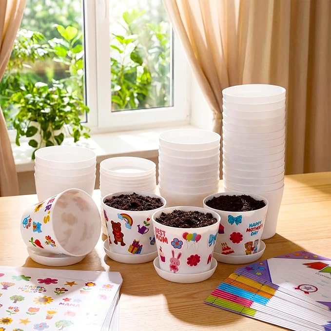 Domensi 30 Pack Garden Pot Craft Kit 4 Inch DIY Happy Mother's Day Crafts for Kids Bulk Small Plastic Flower Plant Pot Plastic Planter with Tray Drainage Holes with Tag, Certificate of Award, Sticker