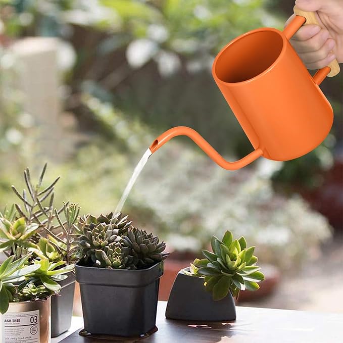 Watering Can Indoor Plants, 35 oz/1000 ml Metal Stainless Steel Watering Can Pot with Long Spout for Indoor House Plants Bonsai Outdoor Garden Flower Decorative (Orange)