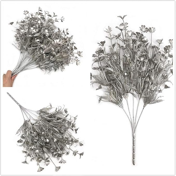 PASYOU Artificial Plants for Christmas Decor, Plastic Grass Faux Shrubs Simulation Flower Leaves Indoor Outdoor Home Garden Planter Filler Party Hotel Verandah Wedding DIY Decoration - Silver 4 Pack