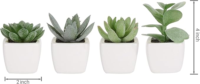 MyGift Set of 4 Mini Assorted Green Decorative Artificial Succulent Plants in Square White Glazed Ceramic Planter Pots