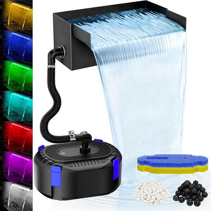 AquaMiracle Complete Outdoor Pond Waterfall Kit with LED Light | 4-Stage Filtration System | 12" Stainless Steel Spillway with 850GPH Water Pump | for Garden Backyard Koi Pond Pool Decoration