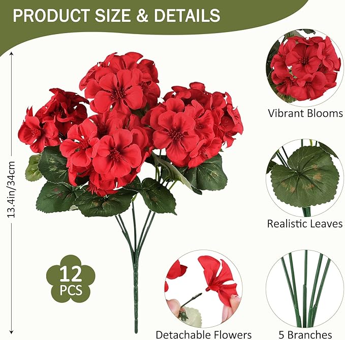 12 Bundles Red Artificial Geranium Flowers for Outdoors Spring Decor Geraniums Silk Flowers UV Resistant Lifelike Faux Flowers for Spring Indoor Outdoor Garden Patio Porch Balcony Home Decoration
