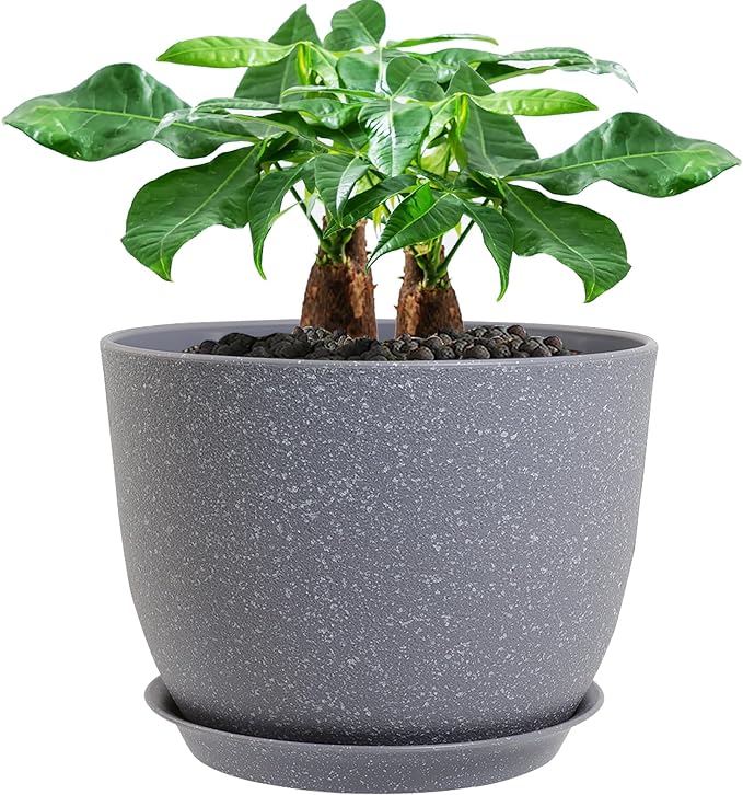 UOUZ 12inch Large Plant Pot, Modern Plastic Planter with High Driange Holes and Saucer for Indoor Outdoor Garden Plants and Flowers, Grey Speckles