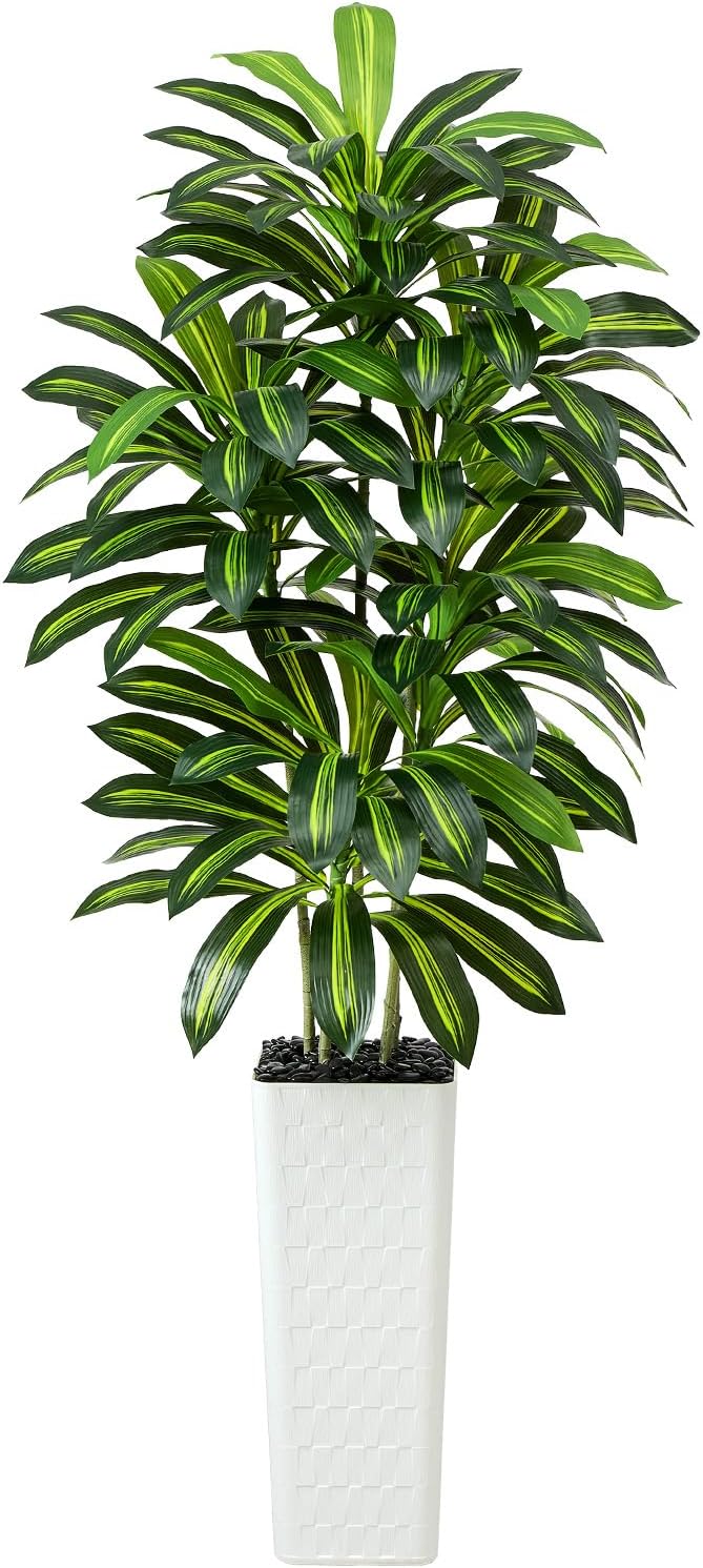 Artificial Dracaena Tree：7FT Faux Silk Tropical Yucca Floor Trees Realistic Fake Green Plant with Natural Wood Trunk & Lifelike Leaves for Home Office Decor Indoor & Outdoor (7FT,1-Pack,White)