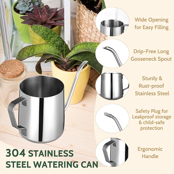 Small Watering Can Indoor Plants - 12 oz Mini Metal Watering Can with Long Spout Rust-Proof Stainless Steel Tiny Watering Pot for Small Indoor Plants Home & Office