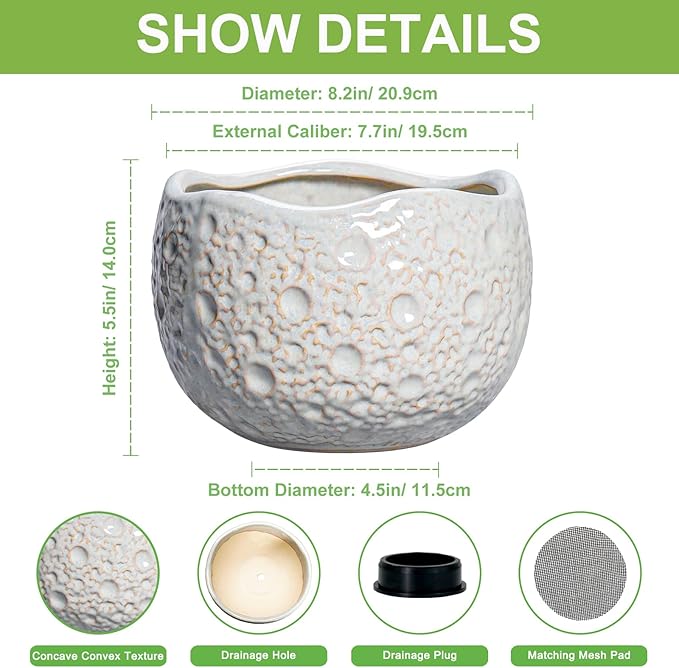 Ceramic Pots for Plants - 8 Inch Planters for Indoor Outdoor Plants, Modern Ceramic Flower Pots with Drainage Hole and Plug, Round Unique Plant Pot, Porch Office Decor, Garden Gifts, Grey