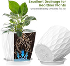 UOUZ 8 Inch Plant Pots, 4 Pack Plastic Planters for Indoor Outdoor with Drainage Holes & Saucers, Waffle Texture Flower Pots for Indoor Plants, Indoor Plant Pots for Monstera, Fiddle Leaf Fig, White