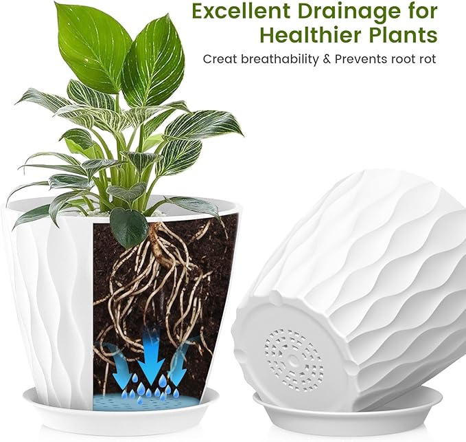 UOUZ 8 Inch Plant Pots, 4 Pack Plastic Planters for Indoor Outdoor with Drainage Holes & Saucers, Waffle Texture Flower Pots for Indoor Plants, Indoor Plant Pots for Monstera, Fiddle Leaf Fig, White
