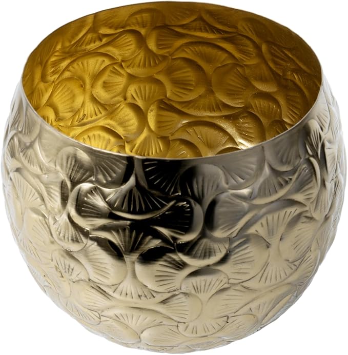 MyGift 5.5 inch Vintage Style Brass Tone Metal Embossed Ginkgo Leaf Design Planter Pot Bowl for Indoor Plants - Handcrafted in India