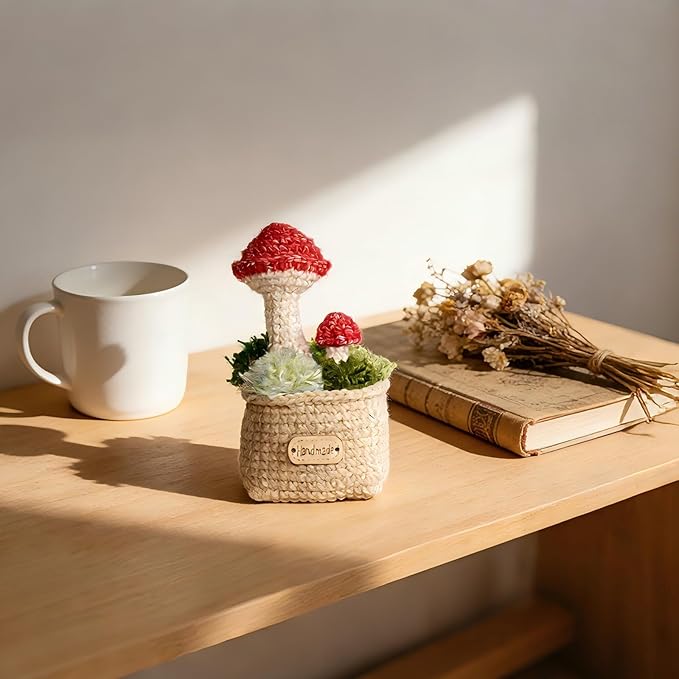 Handmade Crochet Mushroom, Cute Red Toadstool with Artificial Grass, Realistic Knitted Plant Home Decor, Miniature Fairy Garden Ornament, 2.4 x 2.4 x 4.3 Inches