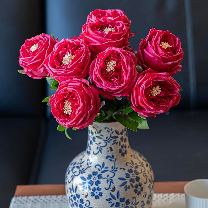 DUYONE Fake Flowers for Decoration Home Decor Artificial Flowers Austin Rose Peony Latex Fake Flower Living Room Decoration Vivid Pink Roses Peonies (Red 4pcs)