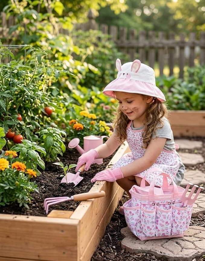 Kids Gardening Tool Set Toys - 8 Pieces Quality Garden Kit for Toddlers & Kids with Shovels, Rake, Watering Can, Hat, Apron, Gloves & Storage Bag (Pink Flower)