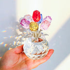 YWHL Handmade Crystal Colorful Rose Flower Figurine with Round Vase, Romantic Rose Gifts for Women on Anniversary Birthday Chrismas, Glass Rose for Grandma Mom Wife, Wedding Home Decorations