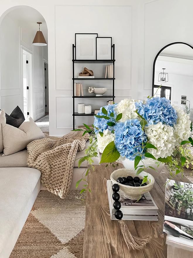 ZYTUYO 4 Pcs Real Touch White Light Blue Hydrangeas Artificial Flower 21'' Realistic Faux Latex Hydrangeas Flower for Home Decor Kitchen Living Room Spring Table Wedding Xmas Arrangement