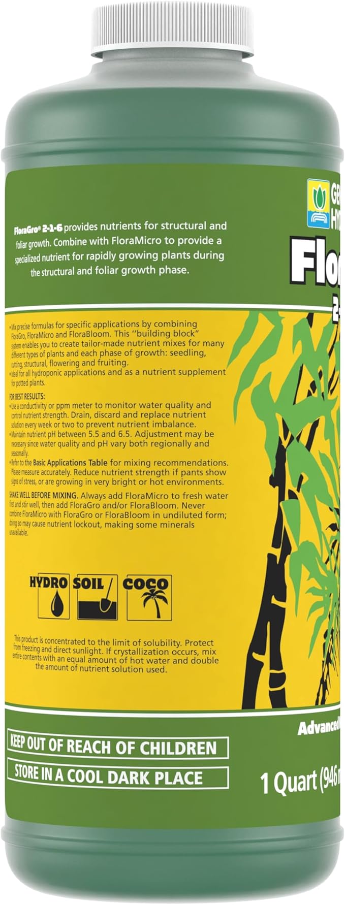 General Hydroponics FloraGro 2-1-6 Plant Food, Part of FloraSeries Advanced Nutrient System for Plants, 1 Quart