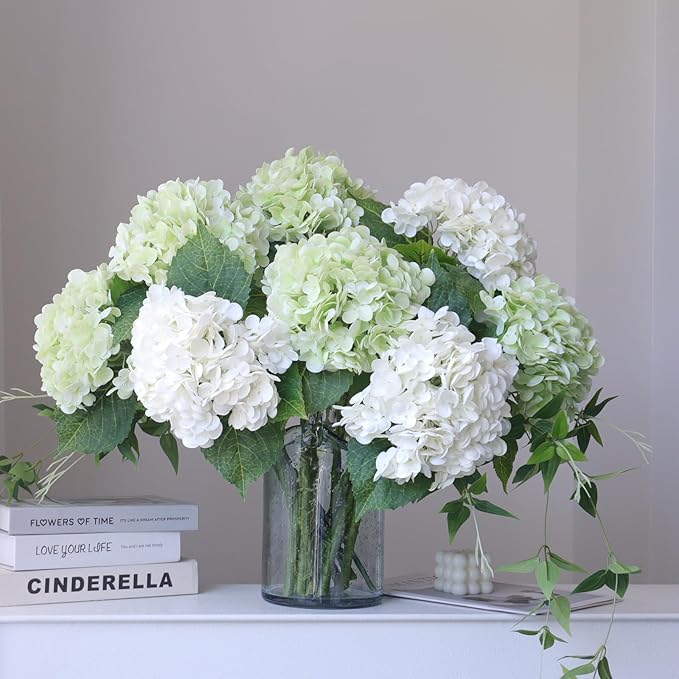 Buart 3PCS Long Stem Big Size Flowers Artificial Silk Hydrangea Lifelike Flowers Real Touch White Artificial Flowers Wedding Shower Bride Bouquets Office Living Room Table Decorations (21 Inch)