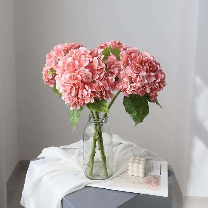 Buart 4PCS 21 inch Big Size Peach Flowers Artificial Silk Hydrangea Lifelike Dry Flowers for Outdoor Wedding, Christmas, Office, Family Party, Living Room Table Decoration