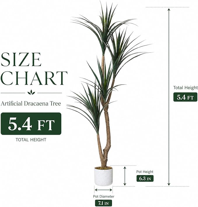 5.4FT Artificial Dracaena Tree in Pot, Evergreen Artificial Dracaena Marginata Plants Indoor, Decorative Potted Floor Plant for Living Room Porch Office Decor