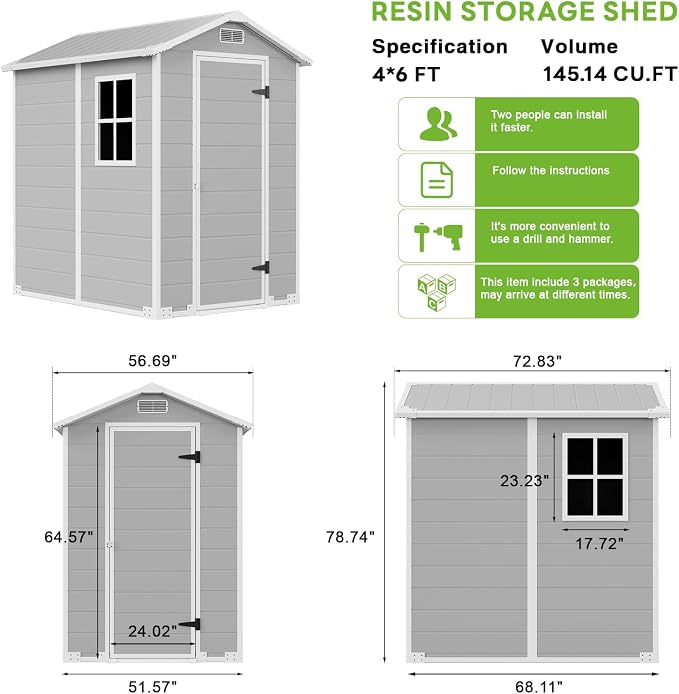 4x6 FT Outdoor Storage Shed with Floor & Window, All-Weather Resin Garden Tool Shed, Waterproof Plastic Garden Shed with Lockable Door, Vents & Roof Rainwater Drainage for Backyard, Garden, Poolside