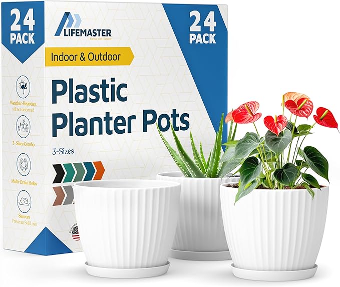White 6-Inch Plant Pots with Drainage & Saucers 24 Pack, Indoor & Outdoor Planters for Houseplants, Herbs, and Flowers, Durable & Weatherproof Material, Stackable, Lightweight, Minimalist Design