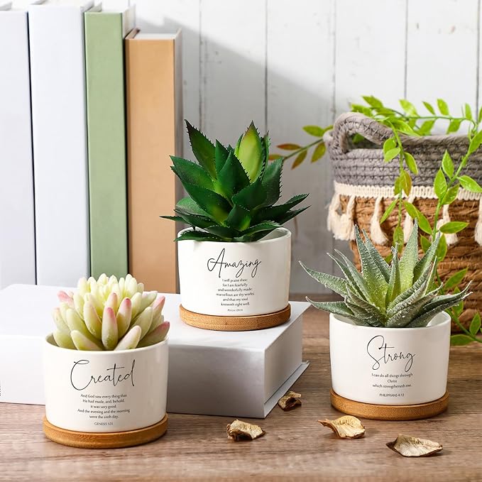 Sieral 4pcs Mothers Day Christian Gift Bible Verse Succulent Pots 3 x 3 x 2 Inch Mini Ceramic Succulent Planters with Bamboo Tray Small Plant Pots Gift for Church Women, Plants Not Included (Classic)