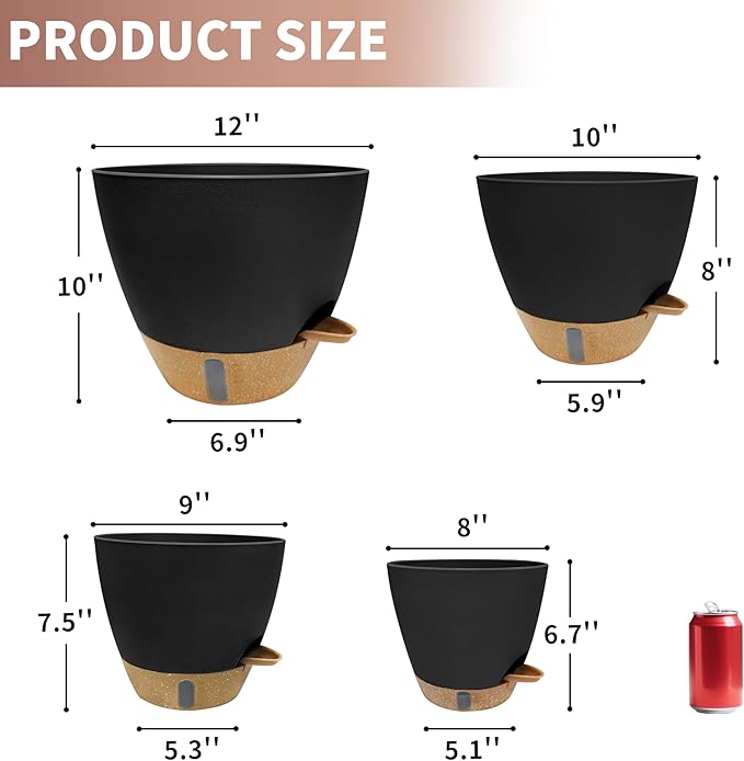 MNKXL 12"/10"/9"/8" Self Watering Pots with Visual Water Window,Extra Large Self Watering Plant Pots with Drainage Holes & Saucers,Black Planters for Indoor Plants,4-Pack