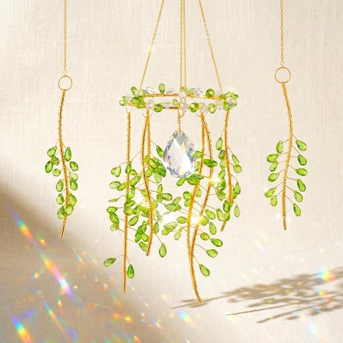 3 Pack Crystal Suncatchers for Window Boho Decor—Green Plant Inspired Hanging Wind Chimes with Chain Rainbow Prism Indoor Outdoor Home Decor & Plant Lover Gift