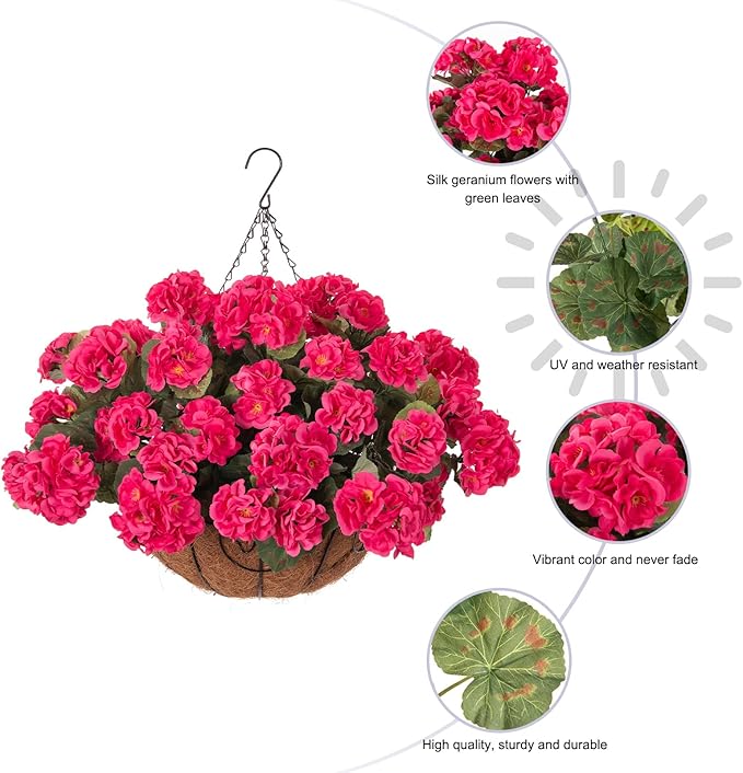 INSPRING Geraniums Artificial Flowers Hanging Basket for Outdoors Outside Spring Decoration, 8 Bundles Silk Flowers Fake Plants Look Real UV Resistant for Porch Home Patio Balcony Yard, Hotpink