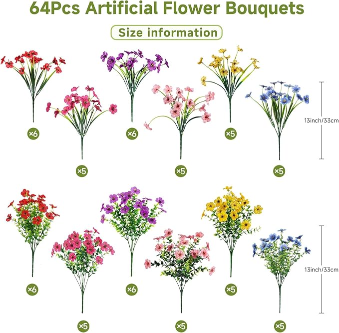 Alupssuc 64 Bundles Artificial Flowers for Outdoors Decoration, UV Resistant Silk Faux Floral Spring Fake Plastic Plants Greenery for Outside Indoor Home Garden Porch Window Box Decor, Mix 6 Colors