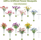 Alupssuc 64 Bundles Artificial Flowers for Outdoors Decoration, UV Resistant Silk Faux Floral Spring Fake Plastic Plants Greenery for Outside Indoor Home Garden Porch Window Box Decor, Mix 6 Colors