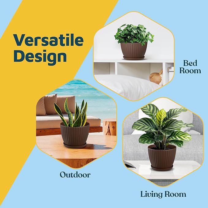 Brown 6-Inch Plant Pots with Drainage & Saucers 24 Pack, Indoor & Outdoor Planters for Houseplants, Herbs, and Flowers, Durable & Weatherproof Material, Stackable, Lightweight, Minimalist Design