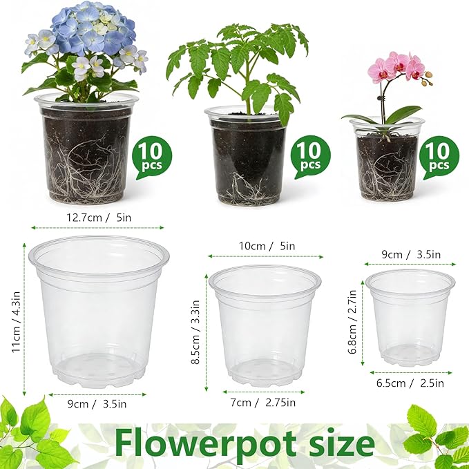 Clear Nursery Pots, 30 Pack Seed Starting Pots with 8 Drainage Holes, Transparent Plant Pots with Labels, Marker & Seedling Transplant Tool (3.5/4/5in-30pcs)
