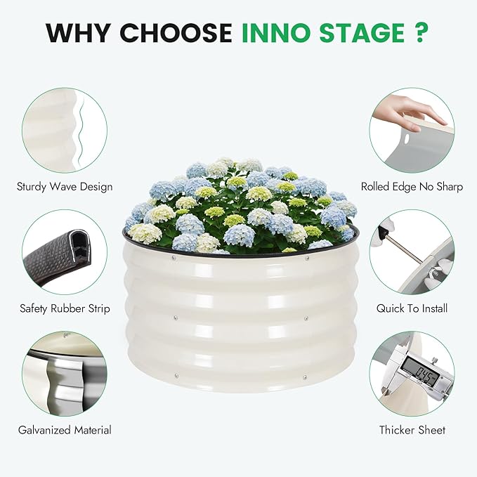 INNO STAGE 3 Pcs Round Galvanized Raised Garden Bed — 2×2×1ft Planter Box Outdoor Raised Beds Kit for Gardening Vegetables, Fruits, Herbs, and Flowers, White
