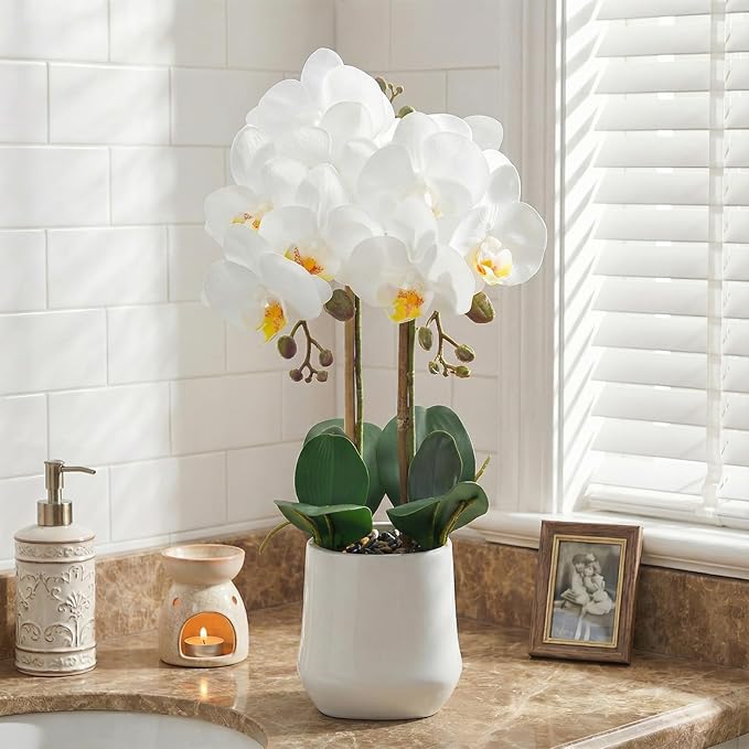 Orchids Artificial Plant in Ceramic Pot 18.5" Faux Orchid Phalaenopsis Flowers Arrangement for Home Office Table Centerpiece Indoor Decor, White