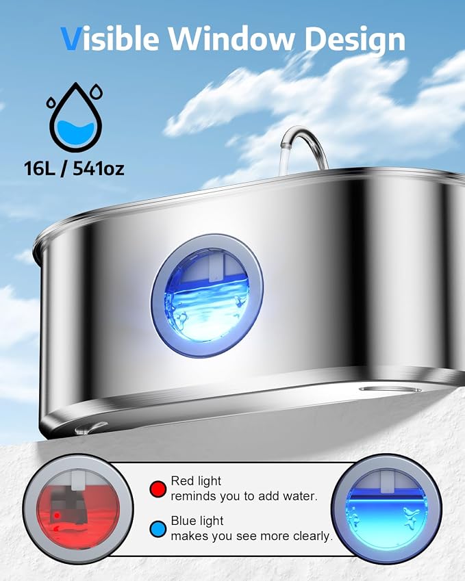 4.2Gal Dog Water Fountain for Large Dogs, 16L Stainless Steel Dog Fountain Water Bowl with Multi-Filtration & Deeper Drinking Tray, Extra Large Pet Water Fountain with Water Window & LED, Ultra-Quiet