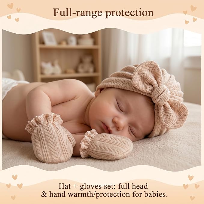 8 Sets Cotton Newborn Hats and Mittens,Ribbed Preemie Baby Girl Turban Beanie Cap with Top Bow Knot, No Scratch Gloves for 0-3 Months Hospital Bag Essentials.Wheat Patterned White/Pink/Apricot