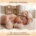 8 Sets Cotton Newborn Hats and Mittens,Ribbed Preemie Baby Girl Turban Beanie Cap with Top Bow Knot, No Scratch Gloves for 0-3 Months Hospital Bag Essentials.Wheat Patterned White/Pink/Apricot