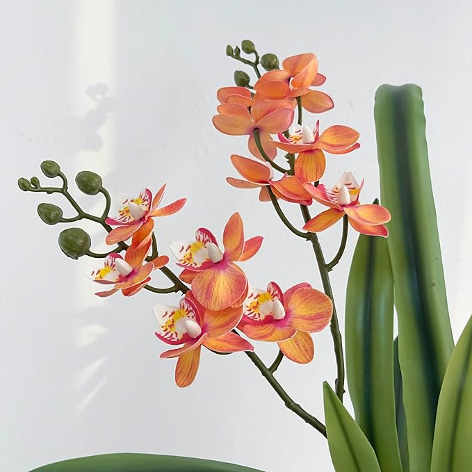 Set of 3pcs Real Touch Artificial Cymbidium Plants with Stems and Roots and 2pcs Orchid Flowers for Pot or Vase, Faux Orchid Stems That Look Real for Indoor Home Office Decor (Grn and YEL)